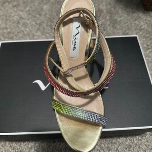 NINA Varena-YY RAINBOW/PLATI Open Toe Heel Slip On Size 6.5